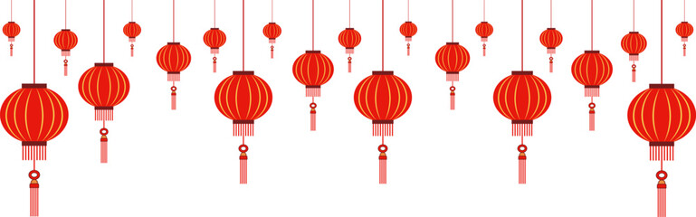 Row of Traditional Red Chinese Lanterns Hanging with Tassels: Festive Vector Illustration for Lunar New Year, Isolated on White Background Symbolizing Prosperity and Joy