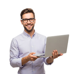 Happy businessman wearing glasses holding a laptop and smiling confidently at the camera in a studio shot