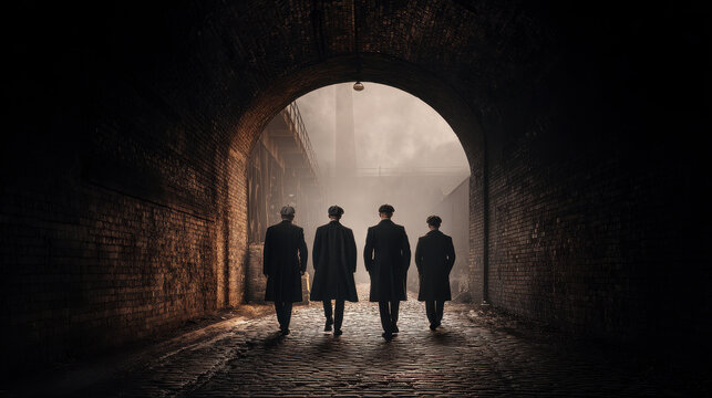 The birmingham mafia emerges industrial era gangsters walking under railway arches gritty urban scene dramatic perspective