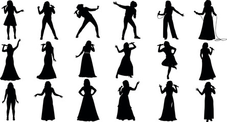 Silhouette singers performing on stage with microphones, dramatic poses, music concert icons, vocalists in action, vector illustration for entertainment design