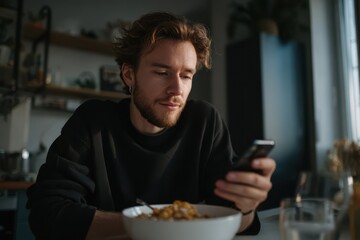 Bearded young man in dark sweatshirt sitting at kitchen table using smartphone while eating breakfast cereal in cozy natural light setting