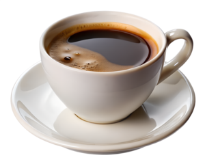 Freshly Brewed Black Coffee in White Cup on Transparent Background