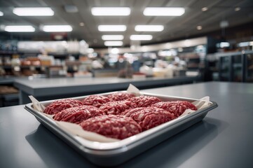 Tray of Fresh Ground Meat Displayed on a Store Counter