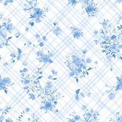 Blue Plaid Floral Flowers Seamless Pattern
