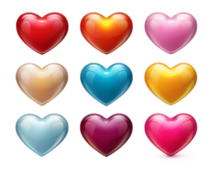 Collection of Colorful Heart Shapes Arranged in a Grid on transparent background