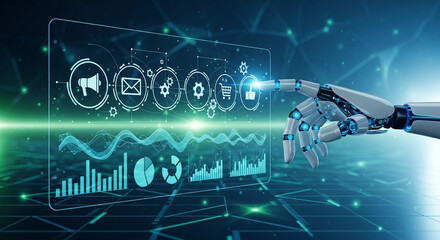 Advanced AI robot hand interacts with futuristic digital interface displaying marketing analytics and global data streams, symbolizing innovation and business growth.