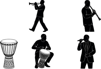 Silhouettes of musicians playing trumpet, clarinet, djembe drum, and singing with microphone — vector icons for music and performance themes