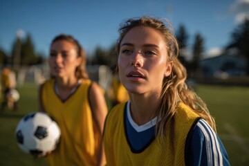 Teenage girls in yellow pinnies on soccer field during practice, one holding ball while another looks focused, teamwork and energy under bright afternoon sunlight