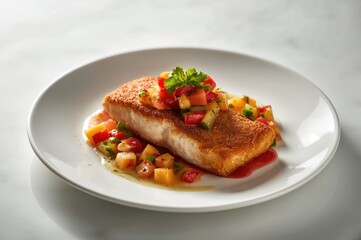 Crispy cod fillet served with a vibrant fresh fruit salsa on a white surface