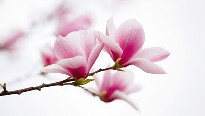 Obraz premium Delicate pink magnolia flowers blooming in spring against a white backdrop with soft focus.