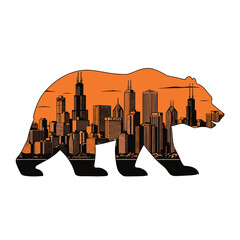 Naklejka premium chicago bear, chicago skyline bear, chicago double exposure, bear silhouette skyline, chicago city art, modern chicago design, geometric bear, urban bear art, chicago downtown, chicago symbol, city an