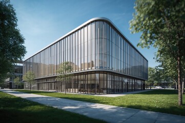 Fototapeta premium Contemporary office structure with glass facade created with AI technology