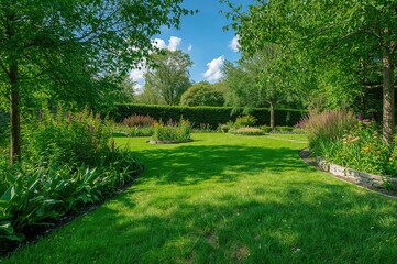 Fototapeta premium Lush garden filled with vibrant greenery and blossoms