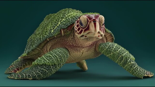 a close-up of a reptile-like creature with green leaves
