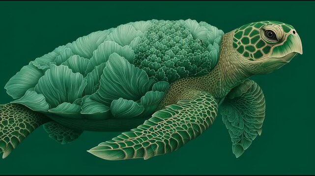 a stylized green turtle with intricate leafy patterns