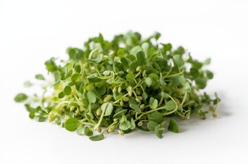 Fototapeta premium Close-up of vibrant green microgreens with seeds on a white surface
