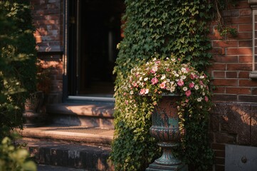 Planter urn filled with blooming flowers and trailing ivy