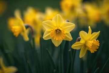 Obraz premium Bright yellow daffodil blossoms in springtime garden