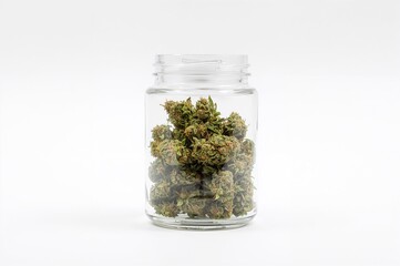 Glass container half full of marijuana isolated on white background