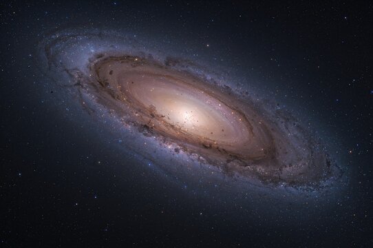 Dust, gas, stars, and dark matter bound by gravity form galaxies.