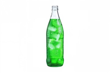 Chilled green soft drinks in bottles with ice cubes on a white backdrop