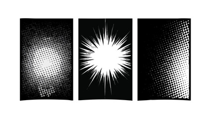 Black halftone comic background burst effect dot pattern retro style vintage design pop art texture vector 100