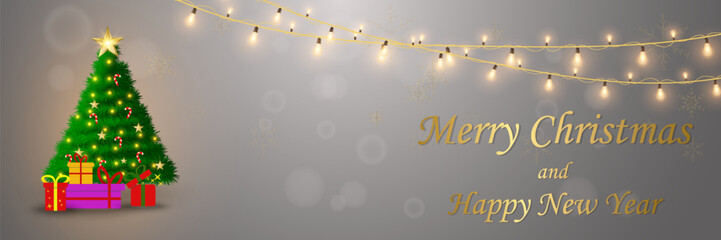 Christmas tree with gifts and luminous garlands, Merry Christmas and Happy New Year greeting card. EPS 10 vector.