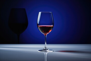 Wine glass on a blue surface, isolated with light and shadow effects