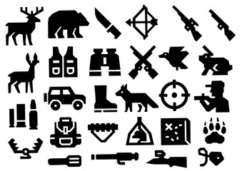 Icon pack, Icon sheet, Hunting theme, silhouette version with straight line style