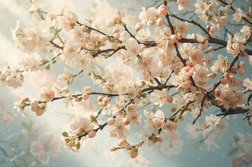 Branches of fruit trees adorned with small spring blossoms forming a background pattern