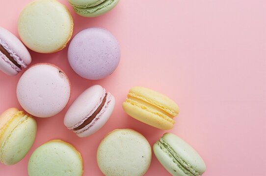Colorful macarons displayed against a pastel pink backdrop