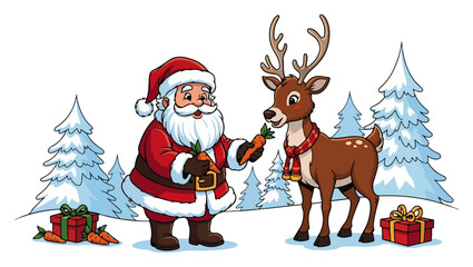Santa Feeding Reindeer in Winter Forest