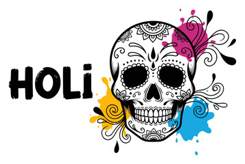 Holi Festival Concept with a Sugar Skull and Paint Splashes