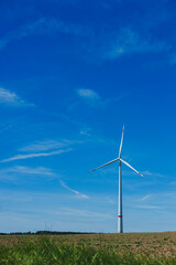 Fototapeta premium Elegant wind turbine stands tall against a clear blue sky in a peaceful rural landscape, showcasing renewable energy at its best during a sunny day