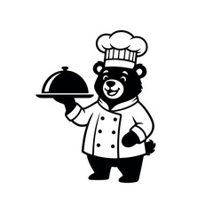 Cartoon Bear Chef Holding a Covered Platter Ready to Serve a Delicious Meal with a Cheerful Expression and Wearing a Chefs Hat Perfect for Restaurant Logos and Food Promotions