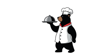 Cartoon black bear wearing a chef hat and uniform holding a silver serving cloche isolated on transparent background silhouette