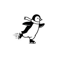 Cartoon Penguin Ice Skating with Scarf Illustration Winter Fun and Black and White Design a Cheerful Aquatic Bird Character Enjoying a Winter Activity Vector Art