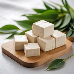 Fresh tofu cubes stacked on wooden cutting board