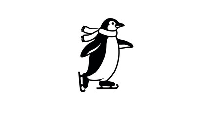 Charming Penguin on Ice Skates with a Cozy Scarf Winter Fun and Festive Cheer in a Minimalist Black and White Design