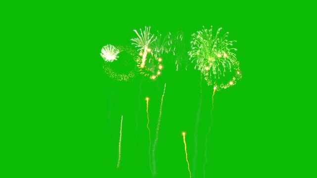 Exploding fireworks with fiery flames on green screen background for overlay use