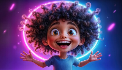 Fototapeta premium A cheerful child with curly hair beams with joy, surrounded by vibrant colors and glowing lights. The scene captures a festive atmosphere with excitement and energy.