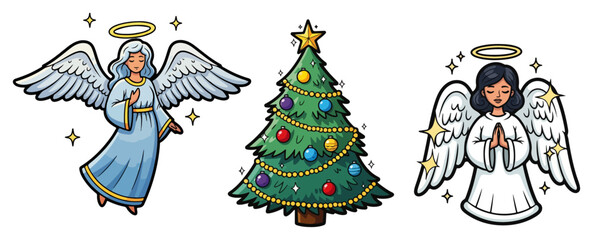 Cartoon Christmas Angel and Tree Set colorful cartoon vector