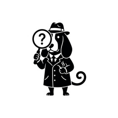 Whimsical black silhouette of a cartoon dog detective wearing a fedora and trench coat holding a magnifying glass with a question mark symbol isolated on transparent background