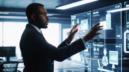 Man in Business Suit Interacting with Futuristic Holographic Interface Displaying Ai Data Analytics and Project Metrics - Powered by Adobe