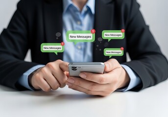 A professional woman checking her phone for new messages, wearing a formal suit and focused on communication.