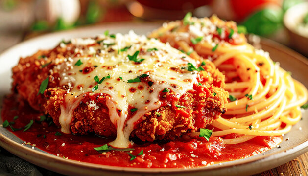Breaded chicken parmesan on a plate with spaghetti, macro shot. AI