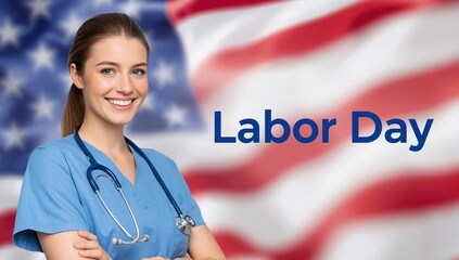 Smiling nurse in blue scrubs with stethoscope against American flag background with text "Labor Day
