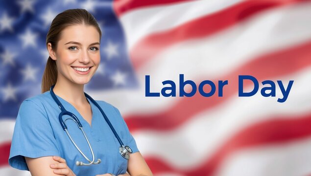 Smiling nurse in blue scrubs with stethoscope against American flag background with text "Labor Day