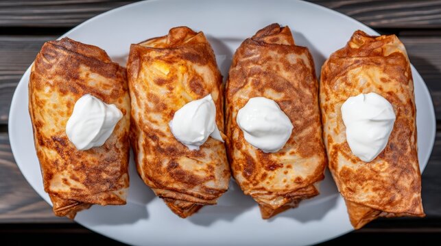 Croatian strukli served on a white plate with sour cream in a top-down view captures the deliciousness of this traditional dish filled with cheese