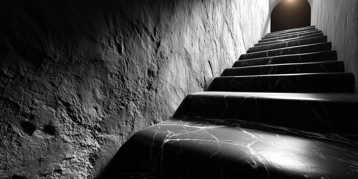 Dark stone staircase ascending into shadowed hallway for mysterious architectural design concepts.
